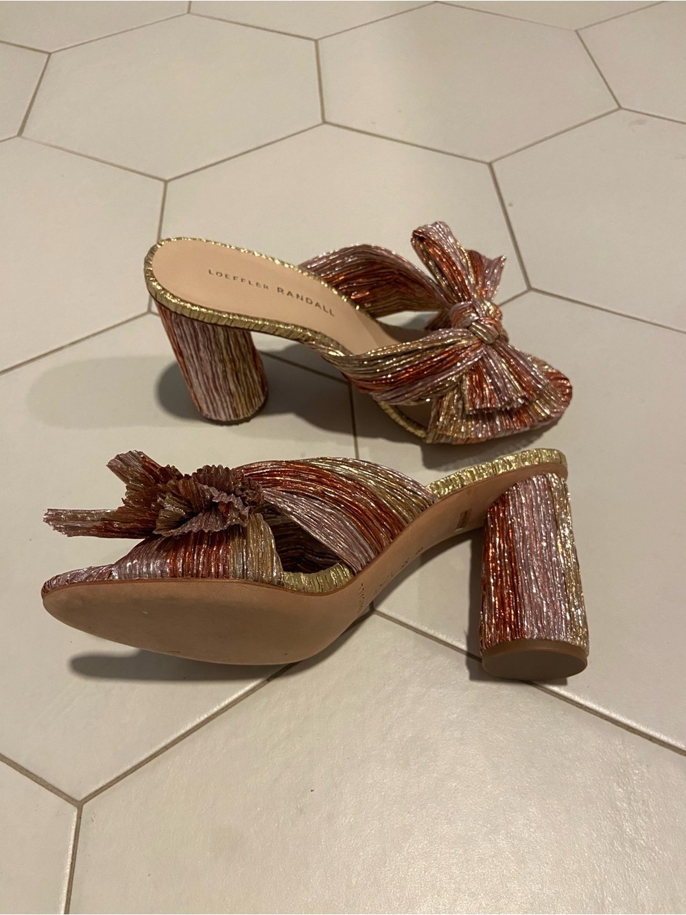 Loeffler Randall Pink and Gold Textured Bow Mules - Picture 3 of 7